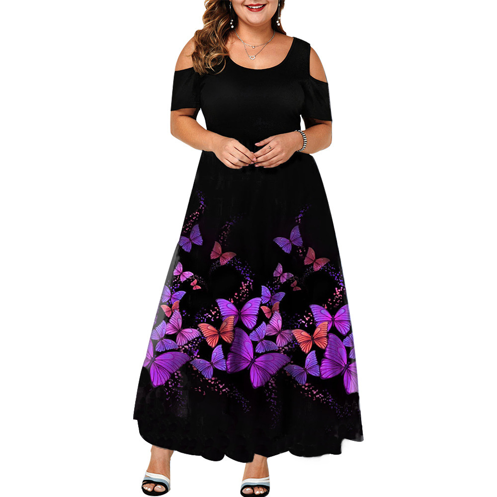 Short Sleeve Off-shoulder Plus Size Purple Print Dress