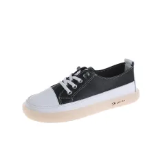 Soft-Soled Student Board Shoes Colour Matching Lace-Up White Shoes - Black - View 1