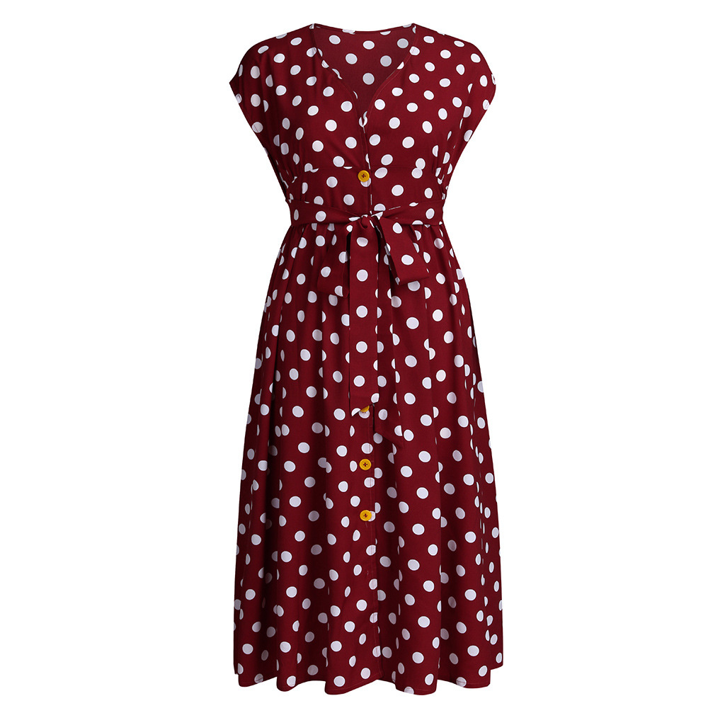 Women Casual Large Size V-neck Sleeveless Polka Dot Printed Button Belt Dress