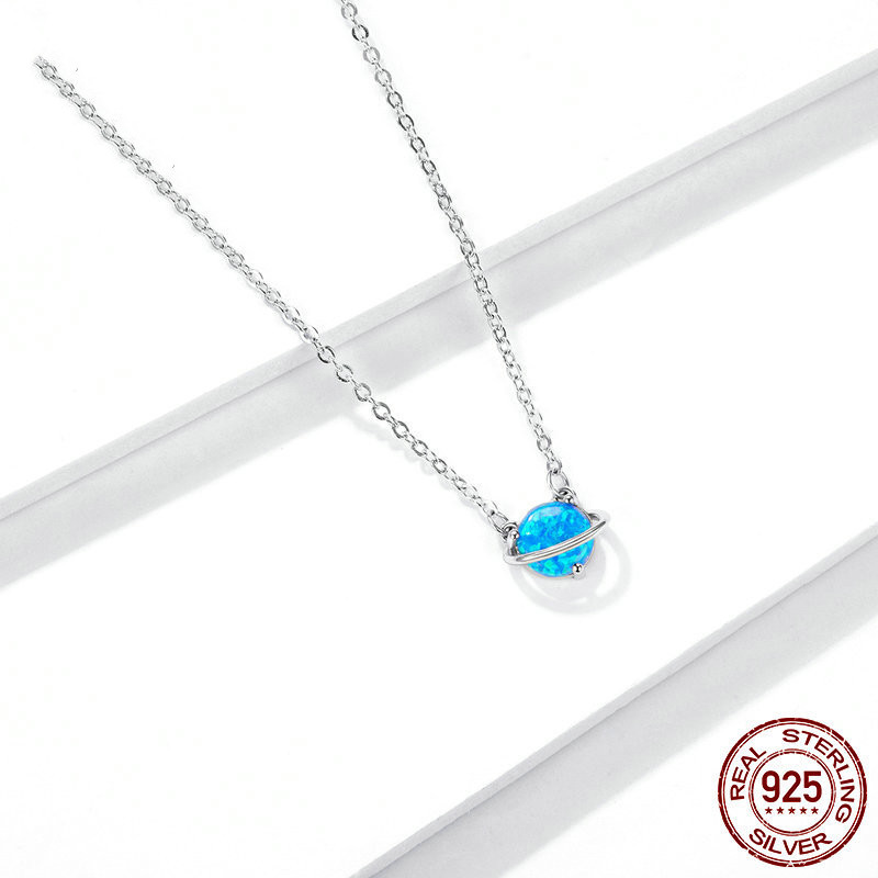 White Gold Plated Sterling Silver S925 Blue Zircon Necklace