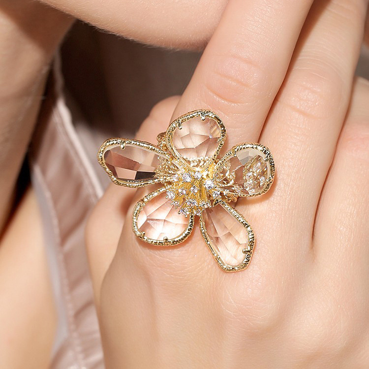 Exaggerated Crystal Flower Open Ring