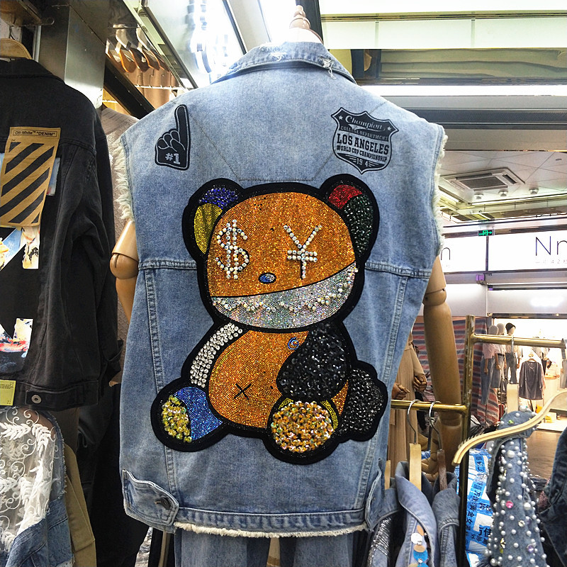 Loose Large Version European And American Wind Diamond Bear Denim Vest