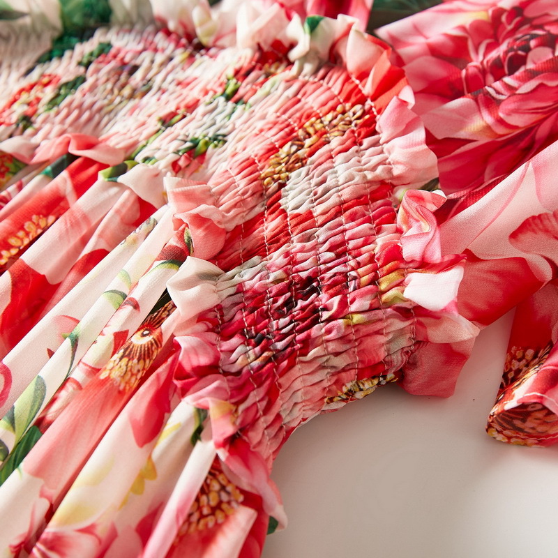 Short-Sleeved V-Neck Printed Dress With Big Hem And Elastic Waist