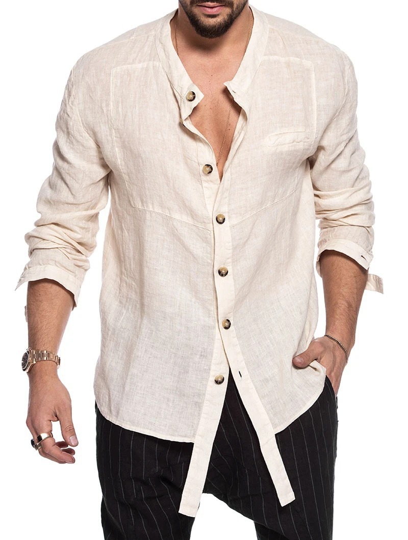 European And American Cotton Linen Men's Long-Sleeved Shirt