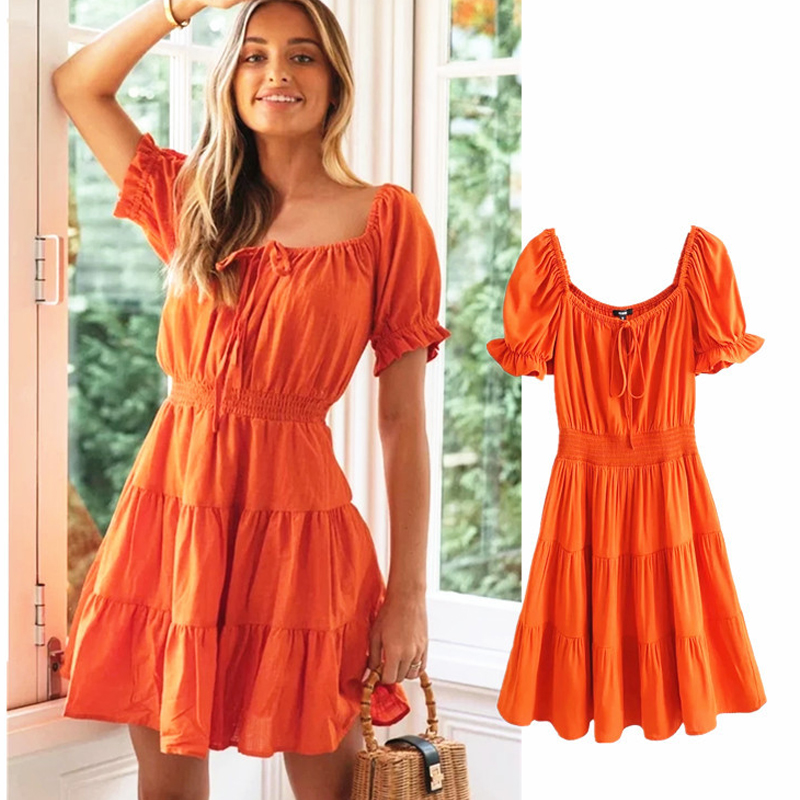 Fashion Puff Sleeve Waist A-line Skirt Short Sleeve Dress