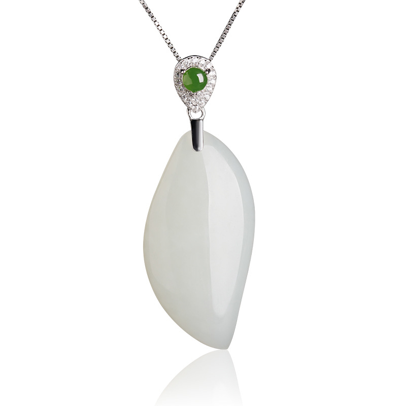 S925 Sterling Silver Inlaid Willow Leaf And Hetian Jade Pendant Necklace