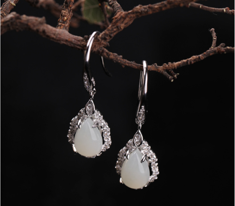Long Earrings 925 Sterling Silver Inlaid Hetian Jade Earrings