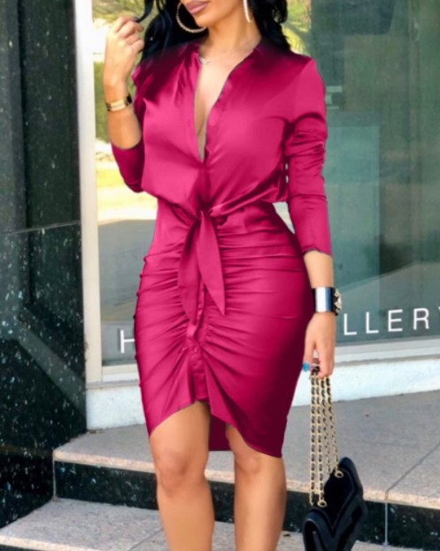 Long Sleeve Lapel Solid Color Slim Dress