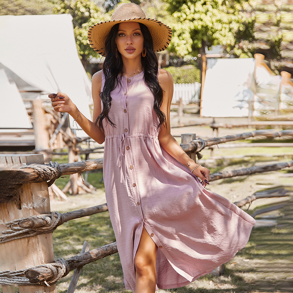 Leisure Vacation Fashion Solid Color Button Ladies Dress