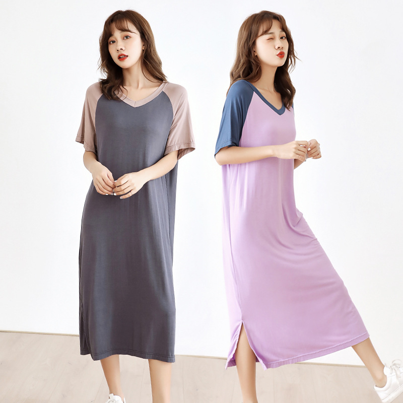 Stitching Contrast Color Plus Size Long Skirt Thin Short Sleeve Split Casual Bottoming Skirt