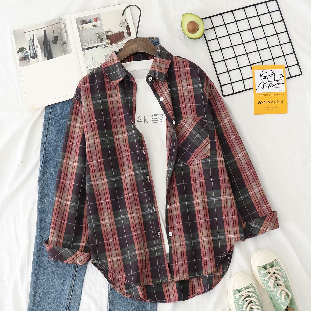 Plaid Shirt Women Retro Loose Long-sleeved Hong Kong Flavor