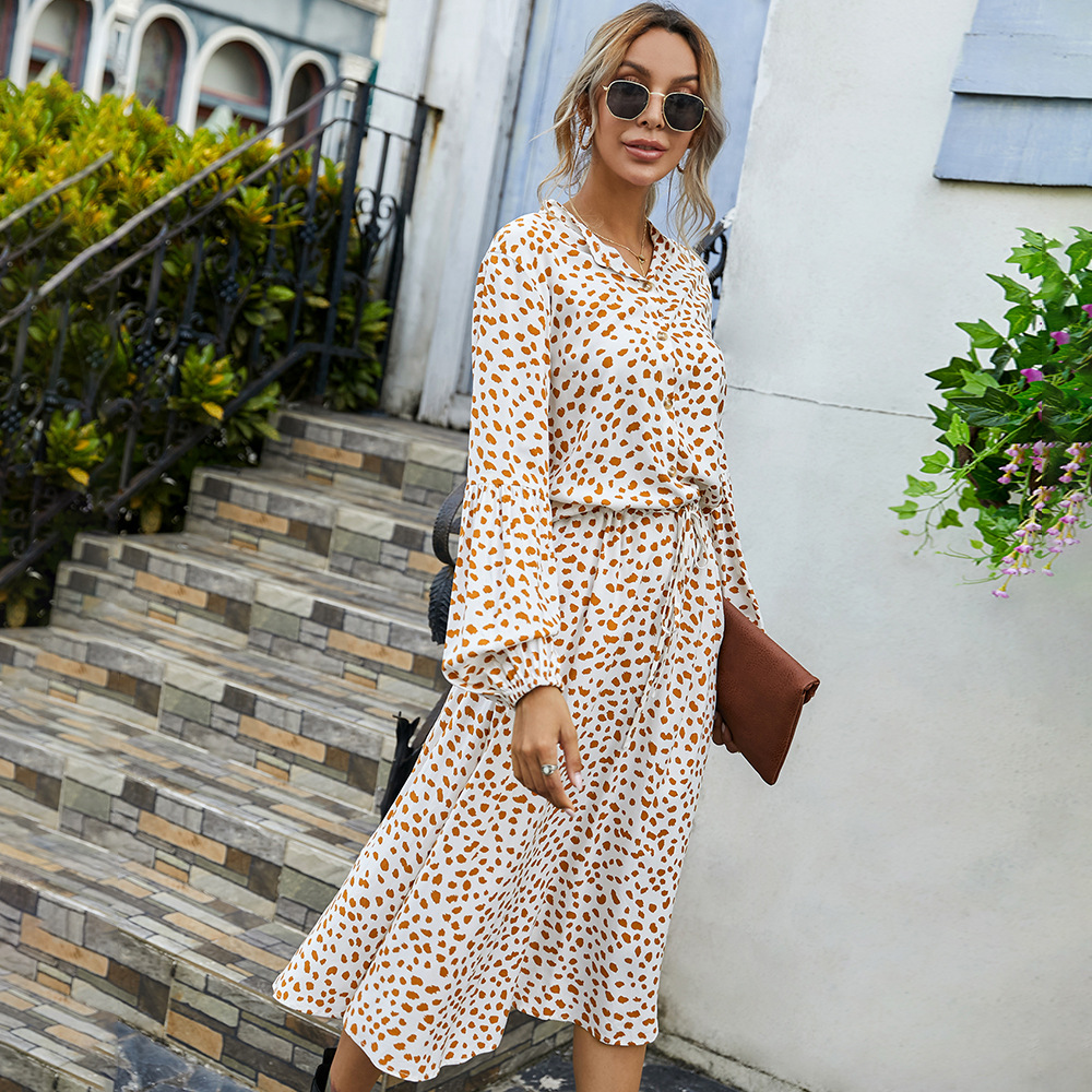 European And American Long-Sleeved Simple Printed Dress
