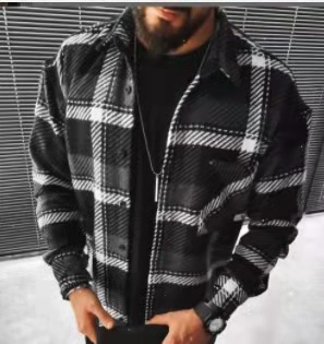 Loose and Fashionable Single-Breasted Plaid Long-Sleeved Shirt Top