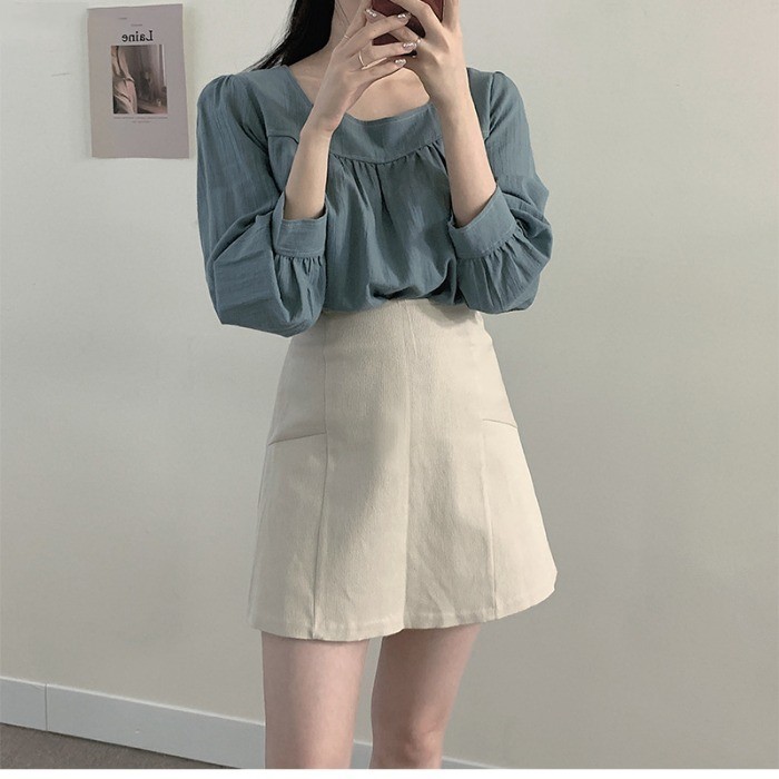 Temperament Square Neck Bubble Long Sleeve Shirt Skirt
