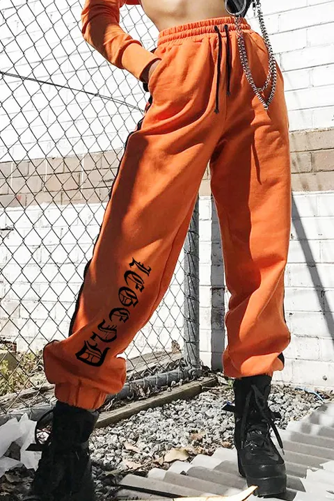 Drawstring Letters Printed Sweatpants Women Loose Hip Hop Feet Orange - Shop at LoveMi