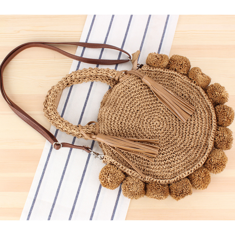 Beach Bandmade Round Ball Woven Portable Messenger Bag Camel - Shop at LoveMi