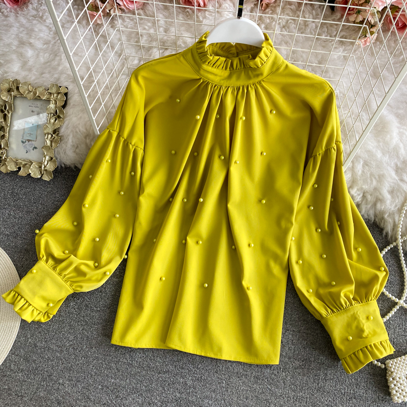 Loose Solid Color Long-sleeved Shirt With Stand-up Collar And Beaded Head