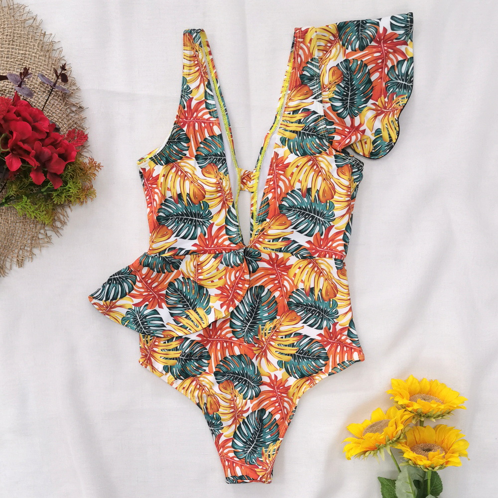 Flounces Floral Backless One-Piece Swimsuit Woman