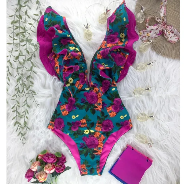 Flounces Floral Backless One Piece Swimsuit Woman Floral - Shop at LoveMi
