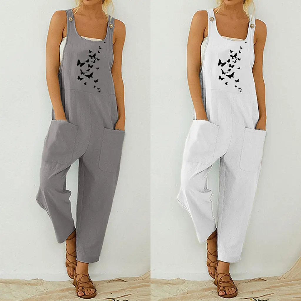 Loose Butterfly Print Bib Pants Casual Women's Trousers