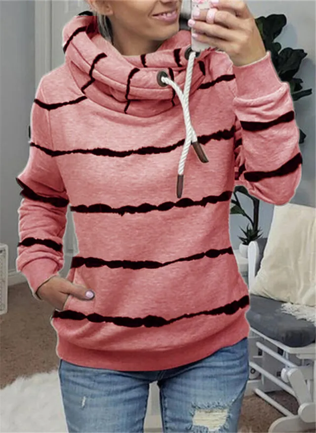 Striped Sweatshirt With Retro Drawstring Zip Collar Pink - Shop at LoveMi