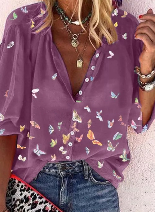 Elegant Butterfly Print V-neck Shirt