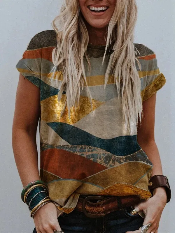 Ladies' Landscape Print Short Sleeve T Shirt Shirt 2 - Shop at LoveMi