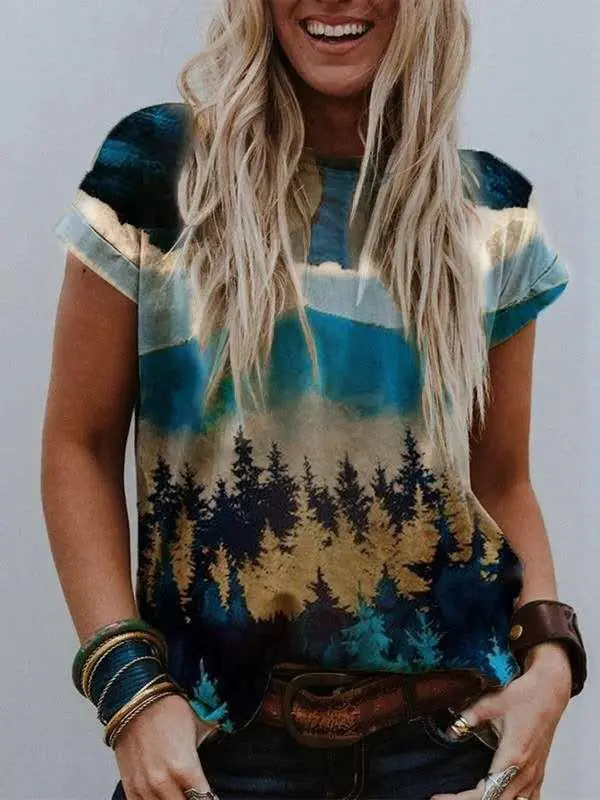 Ladies' Landscape Print Short Sleeve T Shirt Shirt 3 - Shop at LoveMi