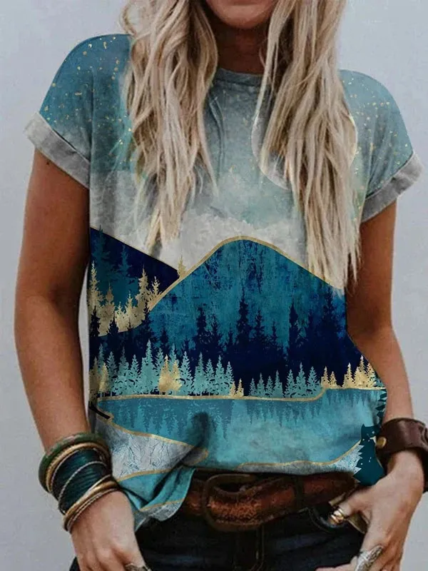 Ladies' Landscape Print Short Sleeve T Shirt Shirt 4 - Shop at LoveMi