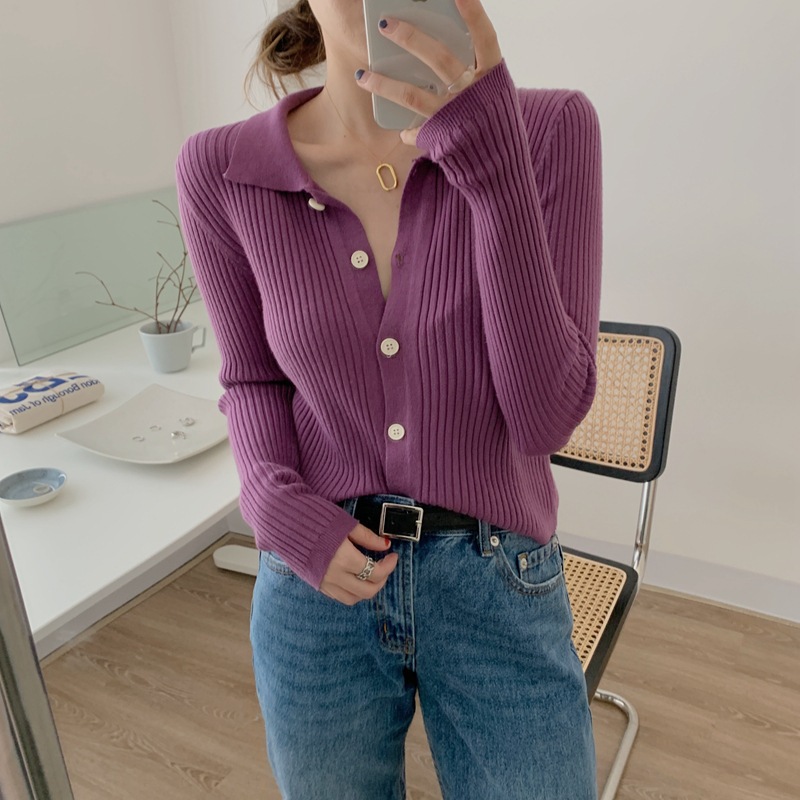 Polo Collar Long Sleeve Pit Strip Knitted Cardigan Women