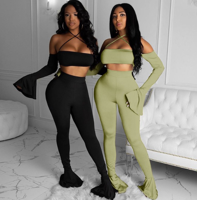 Nine-point Flared Sleeve Top And Flared Pants Suit