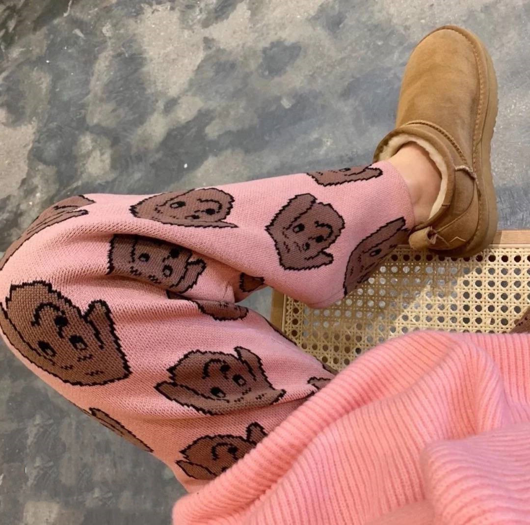 Title 4, Tassel Girly Pink Puppy Print Knitted Slacks