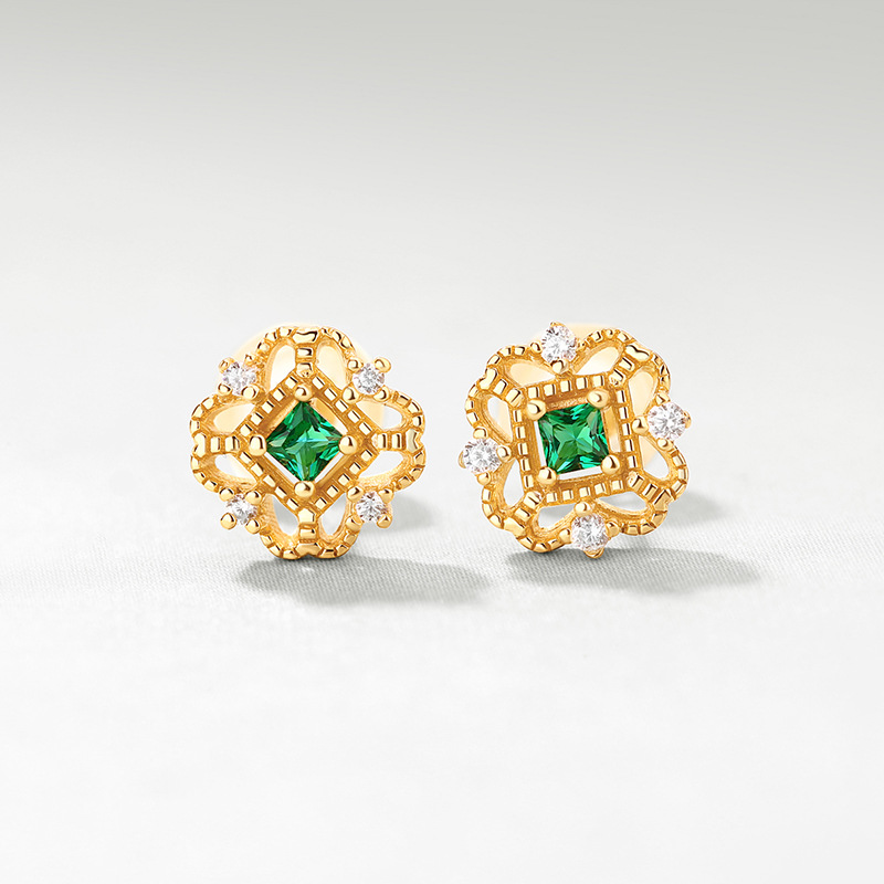 Earrings Silver Princess Square Green Zircon Stud Earrings Vintage Palace Style Earrings