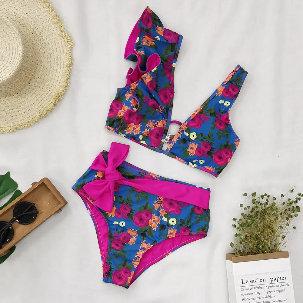 Asymmetrical Ruffled High Waist Bikini Swimsuit - Blue