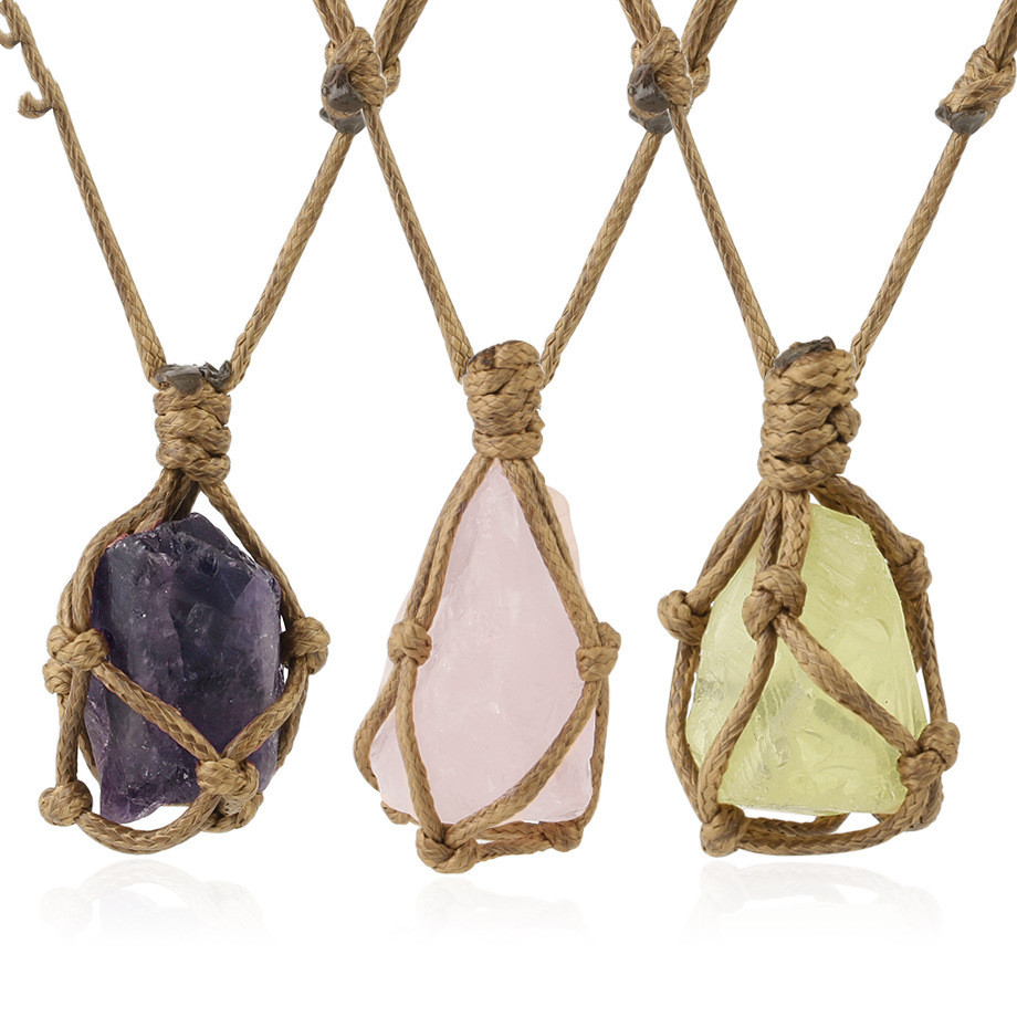 Amethyst Pendant Handmade Cowhide Rope Braided Stone Necklace