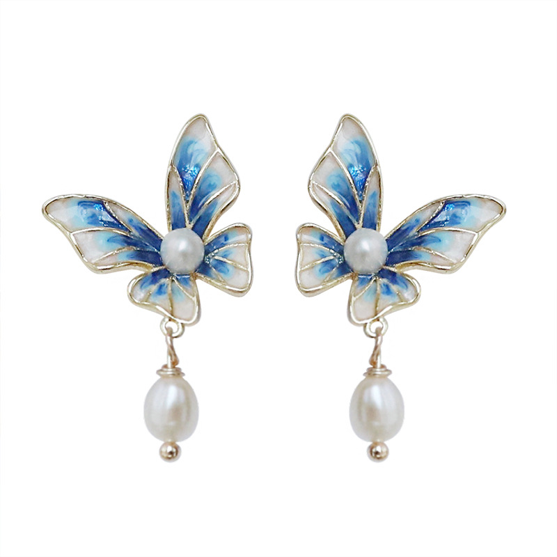 Blue Gradient Butterfly Natural Pearl Earrings