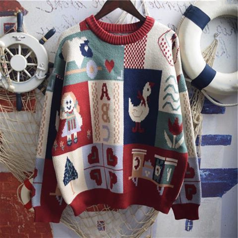 Cute Hand Drawn Graffiti Double-sided Jacquard Loose Pullover Round Neck Sweater