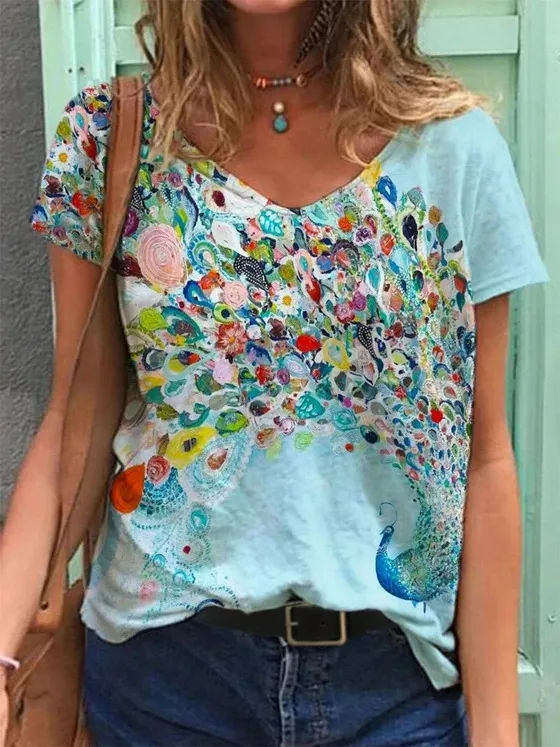 Asuka print V neck short sleeved T shirt 2 - Shop at LoveMi