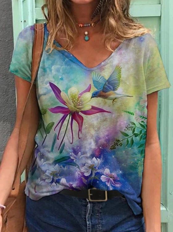 Asuka print V-neck short-sleeved T-shirt