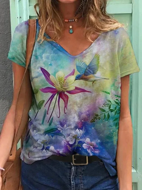Asuka print V neck short sleeved T shirt 4 - Shop at LoveMi