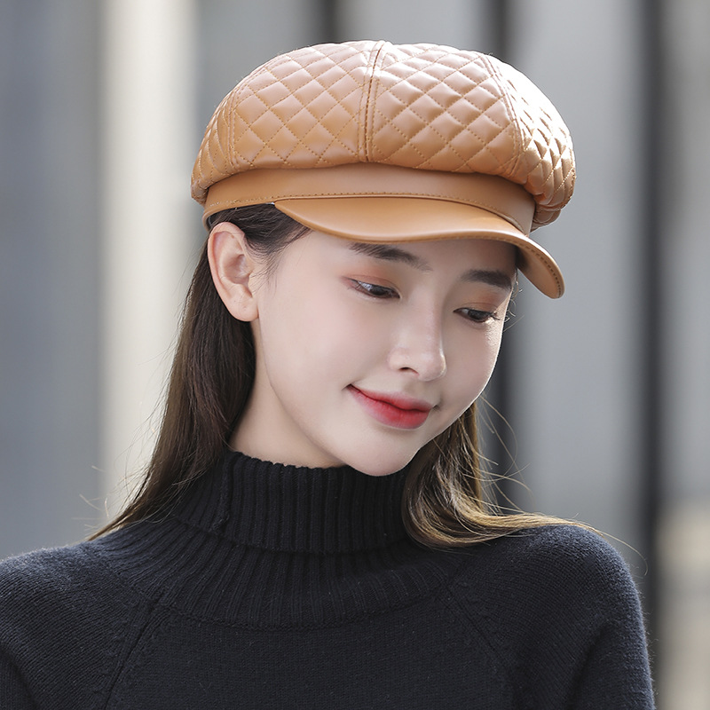 Leather Octagonal Hat Women Solid Color Beret