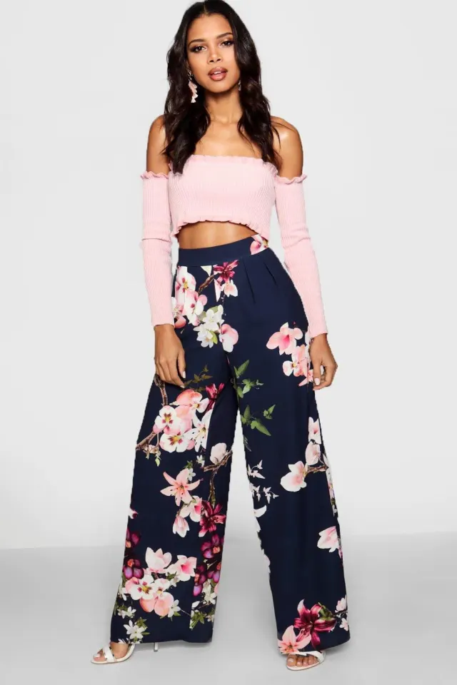 High Waisted Loose Printed Wide Leg Trousers Navy - Shop at LoveMi