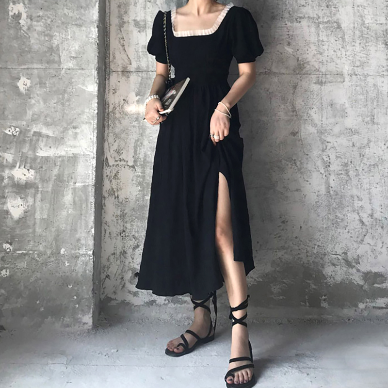 Long Hepburn Style Split Hem Short-sleeved Dress