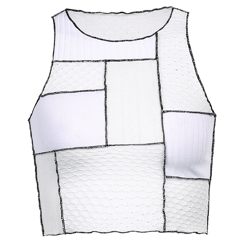 Patchwork Sleeveless Navel Wavy Knitted T-shirt