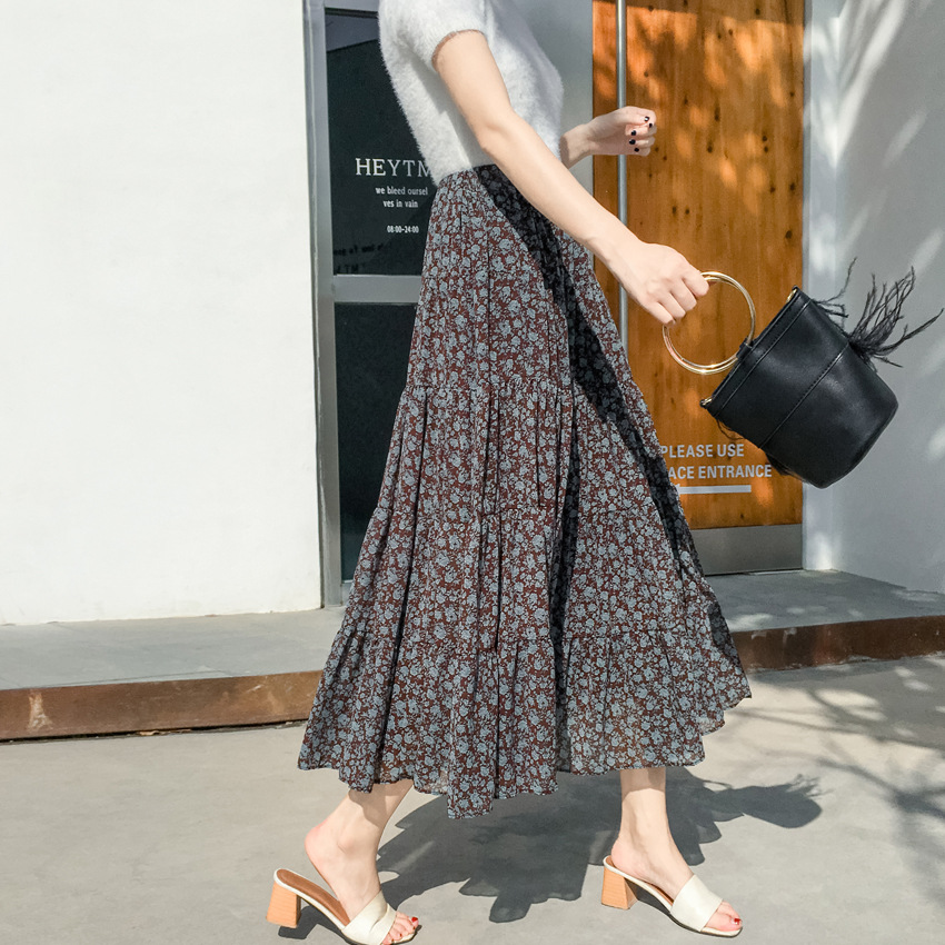 Title 4, Retro High Waist All-match Floral Chiffon Skirt