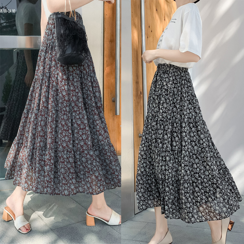 Title 2, Retro High Waist All-match Floral Chiffon Skirt