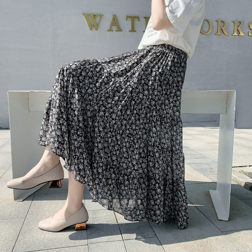Retro High Waist All-match Floral Chiffon Skirt