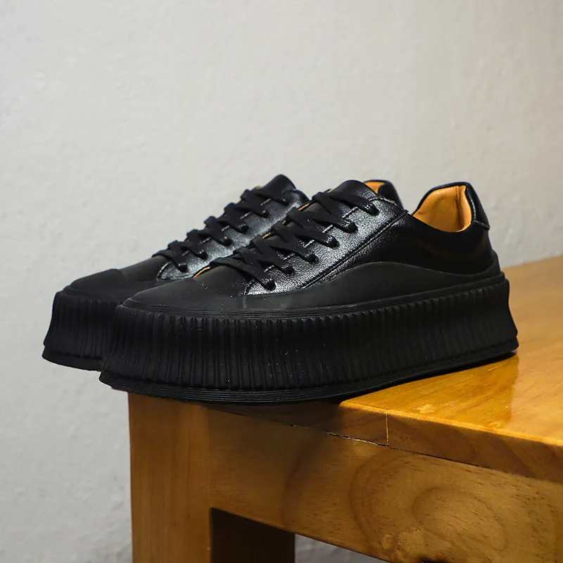 Platform Leather Women's White Shoes - Black