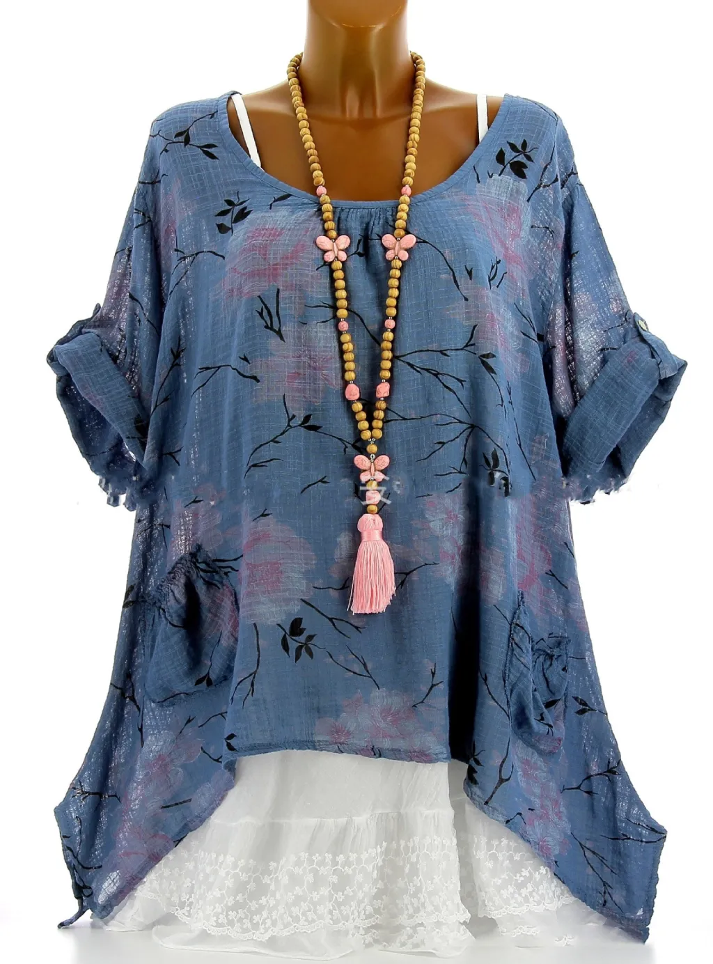 Printed Long-sleeved T-shirt For Women With Buttons - Blue