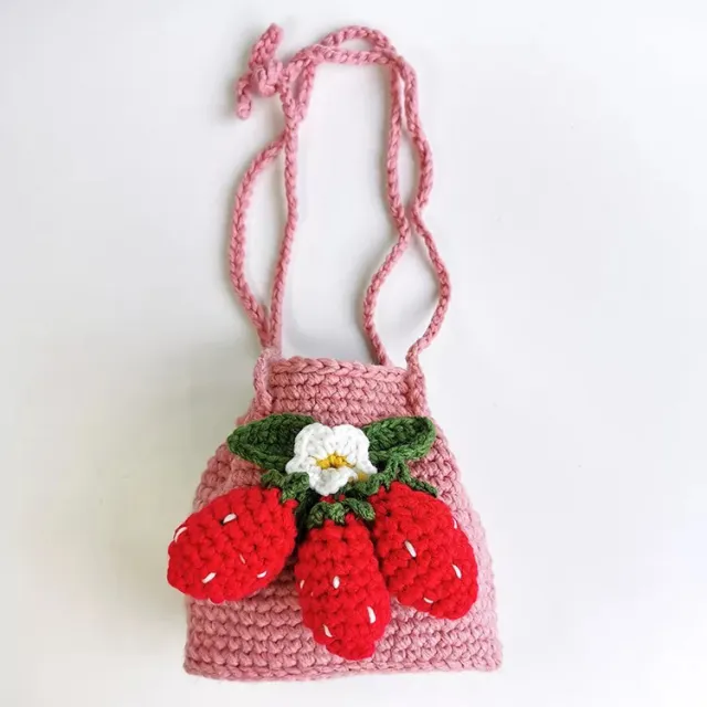 Cute Strawberry Side Back Hand Crochet Knitted Bag Pink - Shop at LoveMi